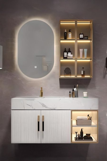 طقم مغسلة رخامية مودرن مع خزانة جداريّة مضاءة